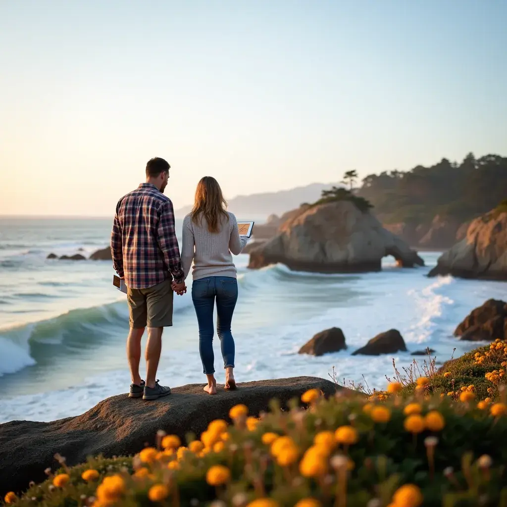 Пейзаж с озерком на фоне утесов и волн, разбивающихся о берег